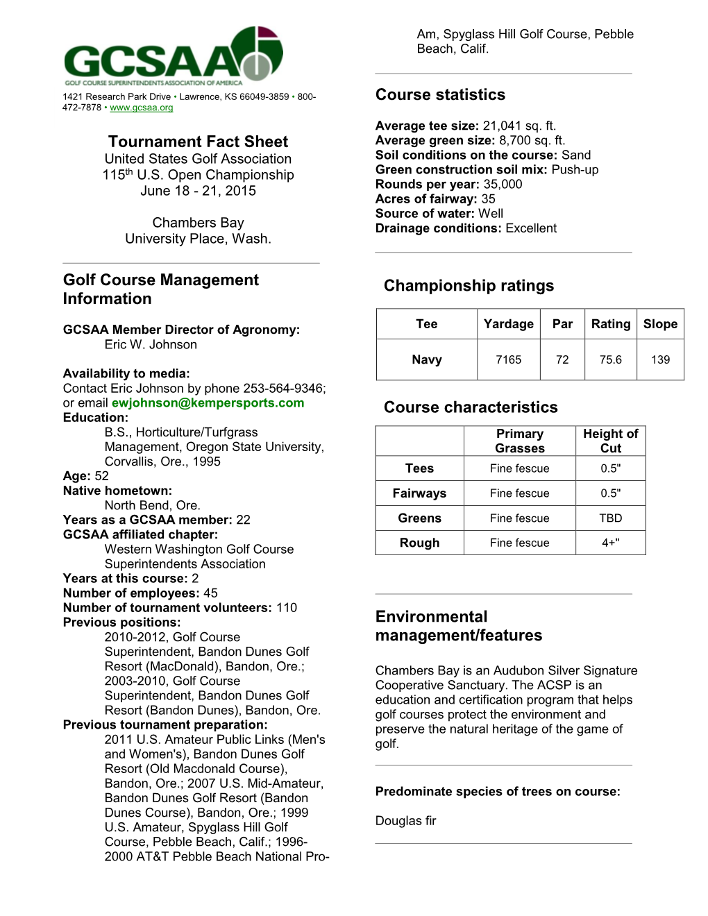 Tournament Fact Sheet Golf Course Management Information Course