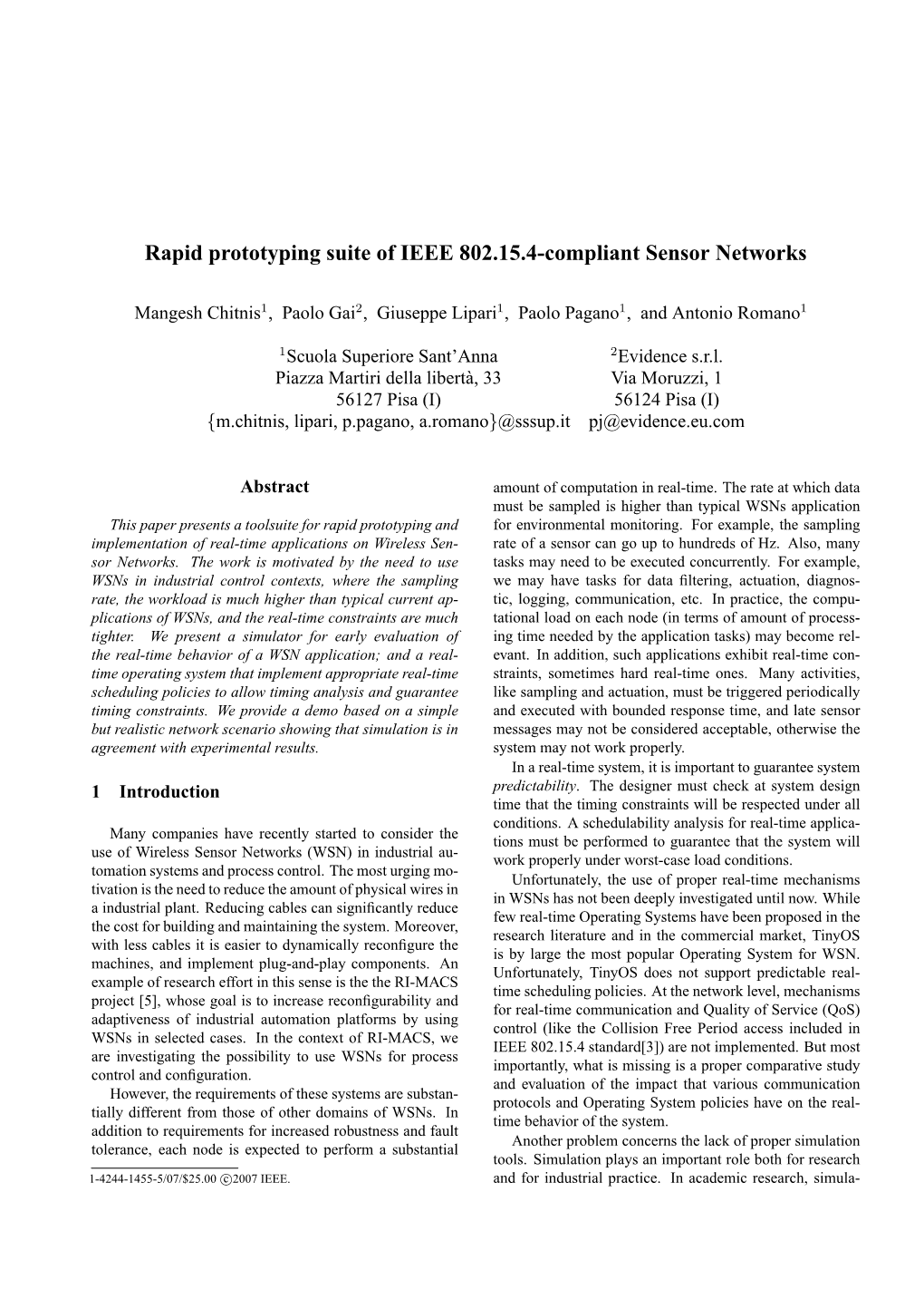 Rapid Prototyping Suite of IEEE 802.15.4-Compliant Sensor Networks