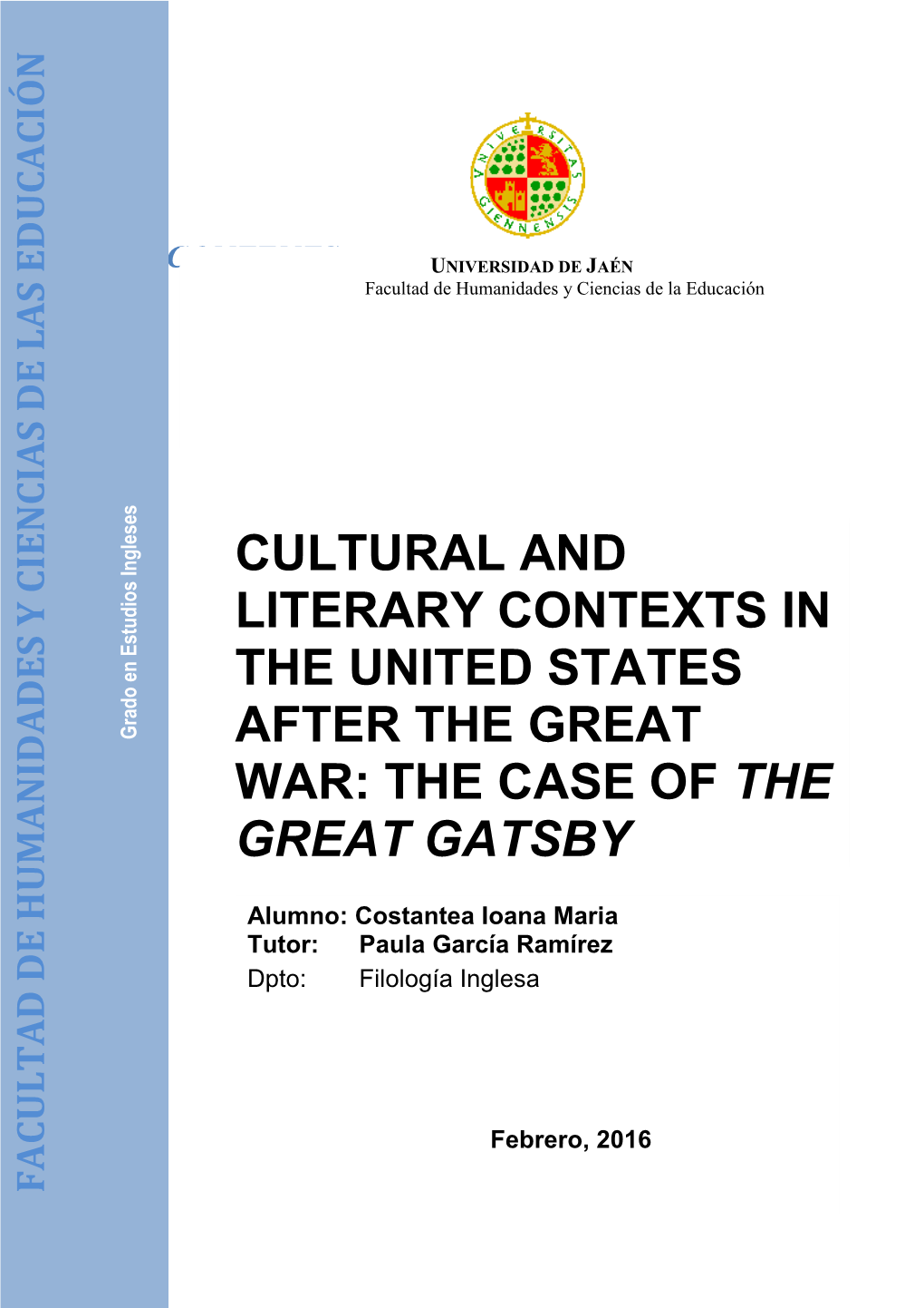 Cultural and Literary Contexts in the United States After the Great War: the Case of the Great Gatsby