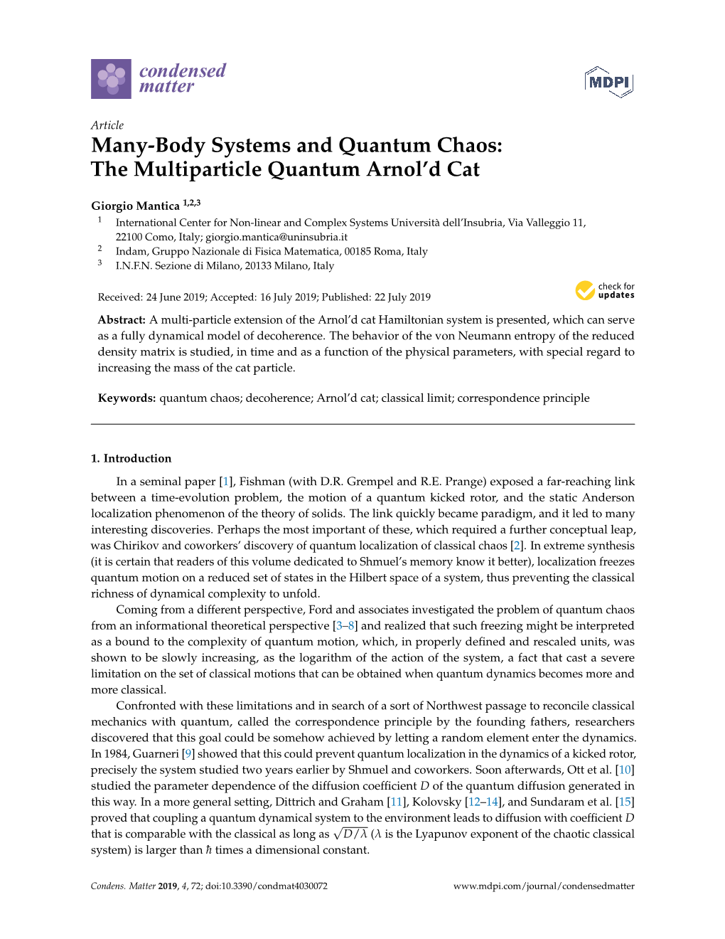 Many-Body Systems and Quantum Chaos: the Multiparticle Quantum Arnol’D Cat