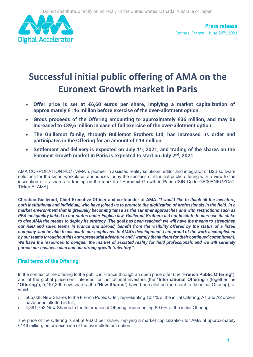 Successful Initial Public Offering of AMA on the Euronext Growth Market in Paris
