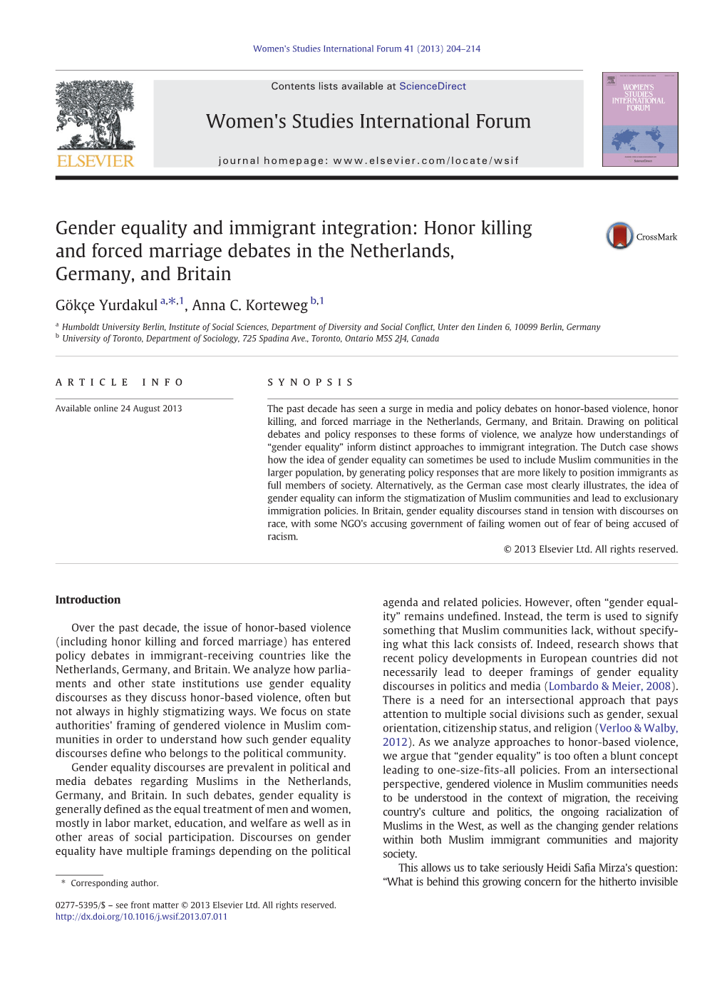 Gender Equality and Immigrant Integration: Honor Killing and Forced Marriage Debates in the Netherlands, Germany, and Britain