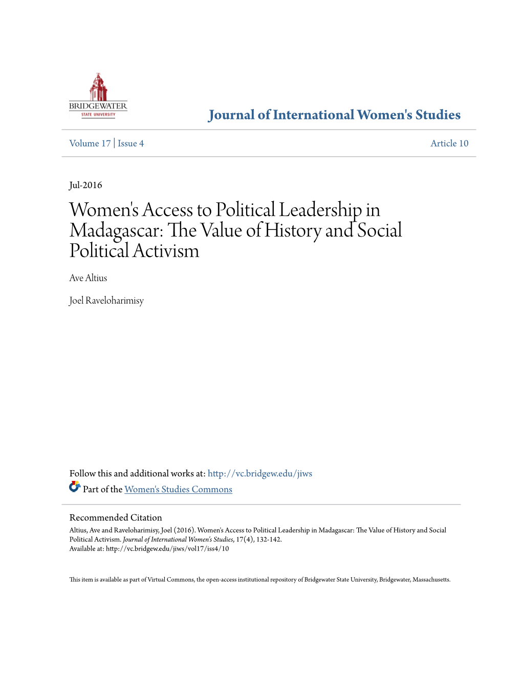 Women's Access to Political Leadership in Madagascar: the Aluev of History and Social Political Activism Ave Altius