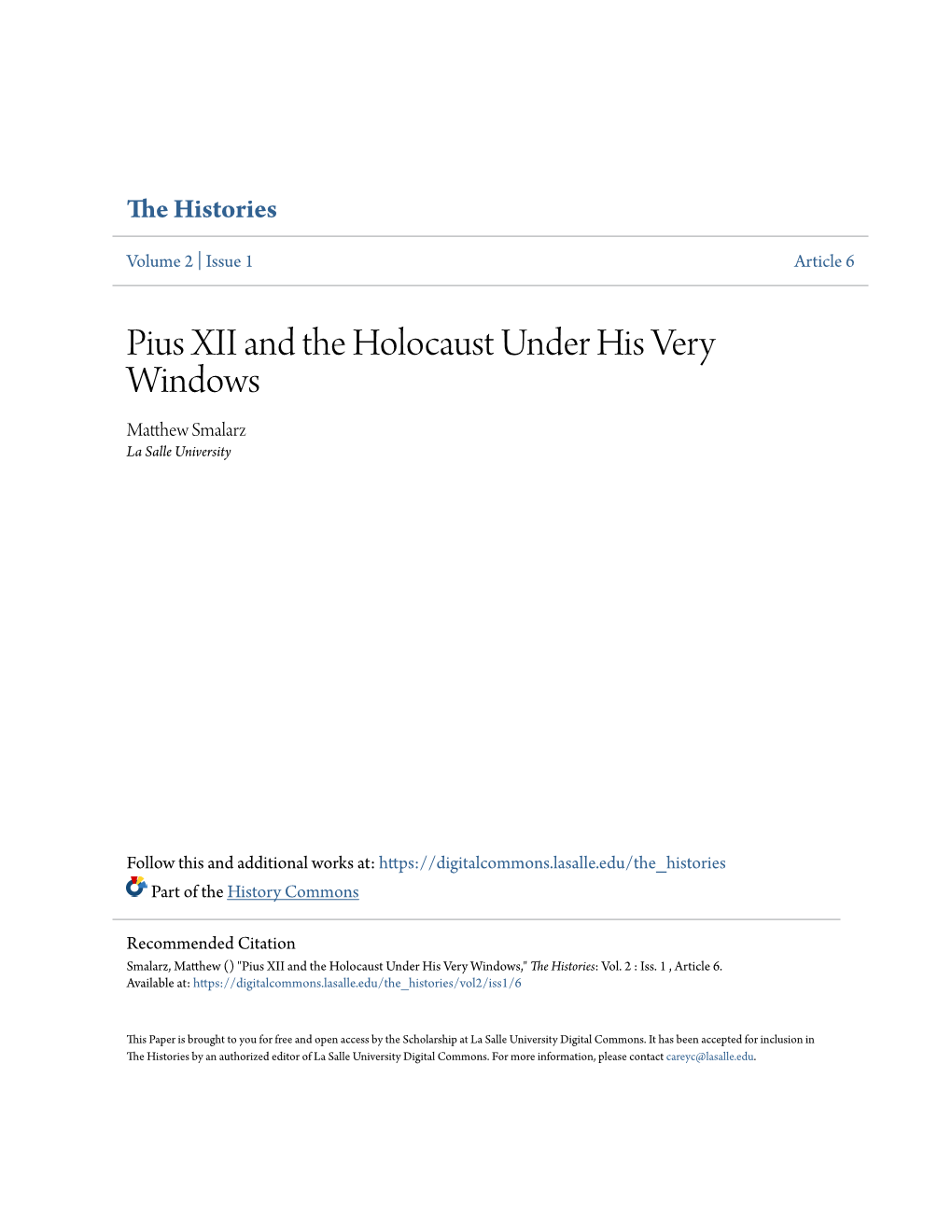 Pius XII and the Holocaust Under His Very Windows Matthew Ms Alarz La Salle University