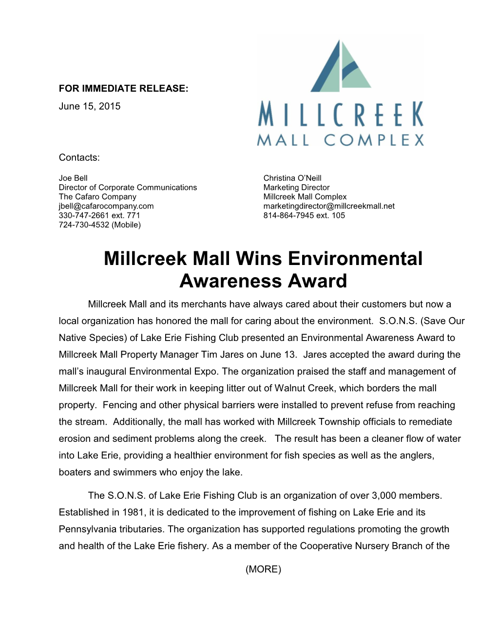 Millcreek Mall Wins Environmental Awareness Award