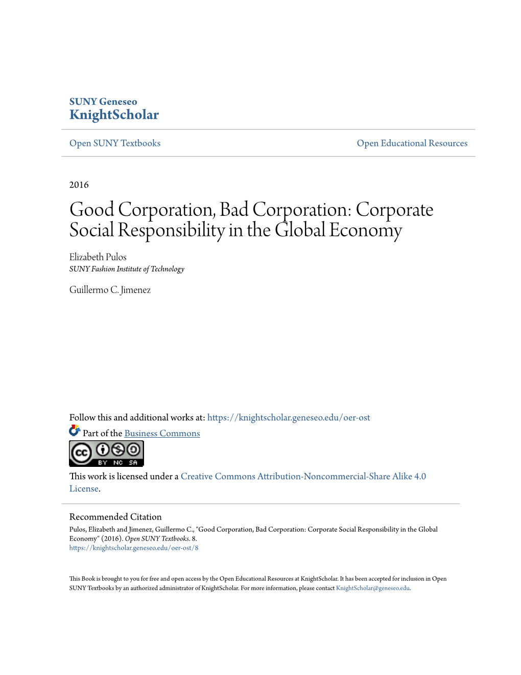 Corporate Social Responsibility in the Global Economy Elizabeth Pulos SUNY Fashion Institute of Technology