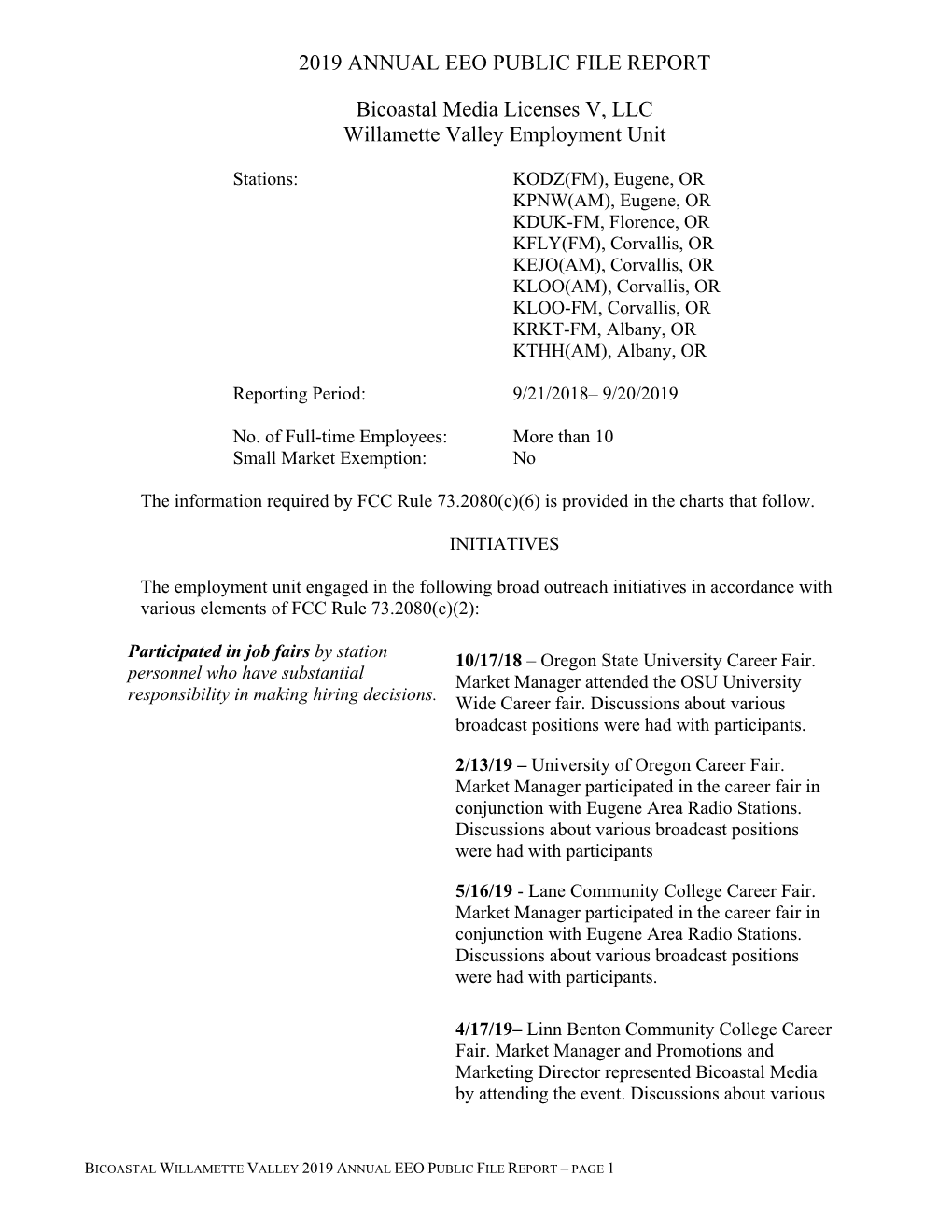 2019 ANNUAL EEO PUBLIC FILE REPORT Bicoastal Media Licenses