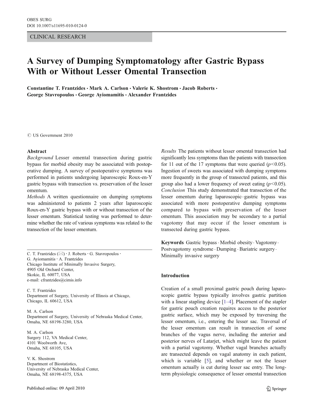 A Survey of Dumping Symptomatology After Gastric Bypass with Or Without Lesser Omental Transection