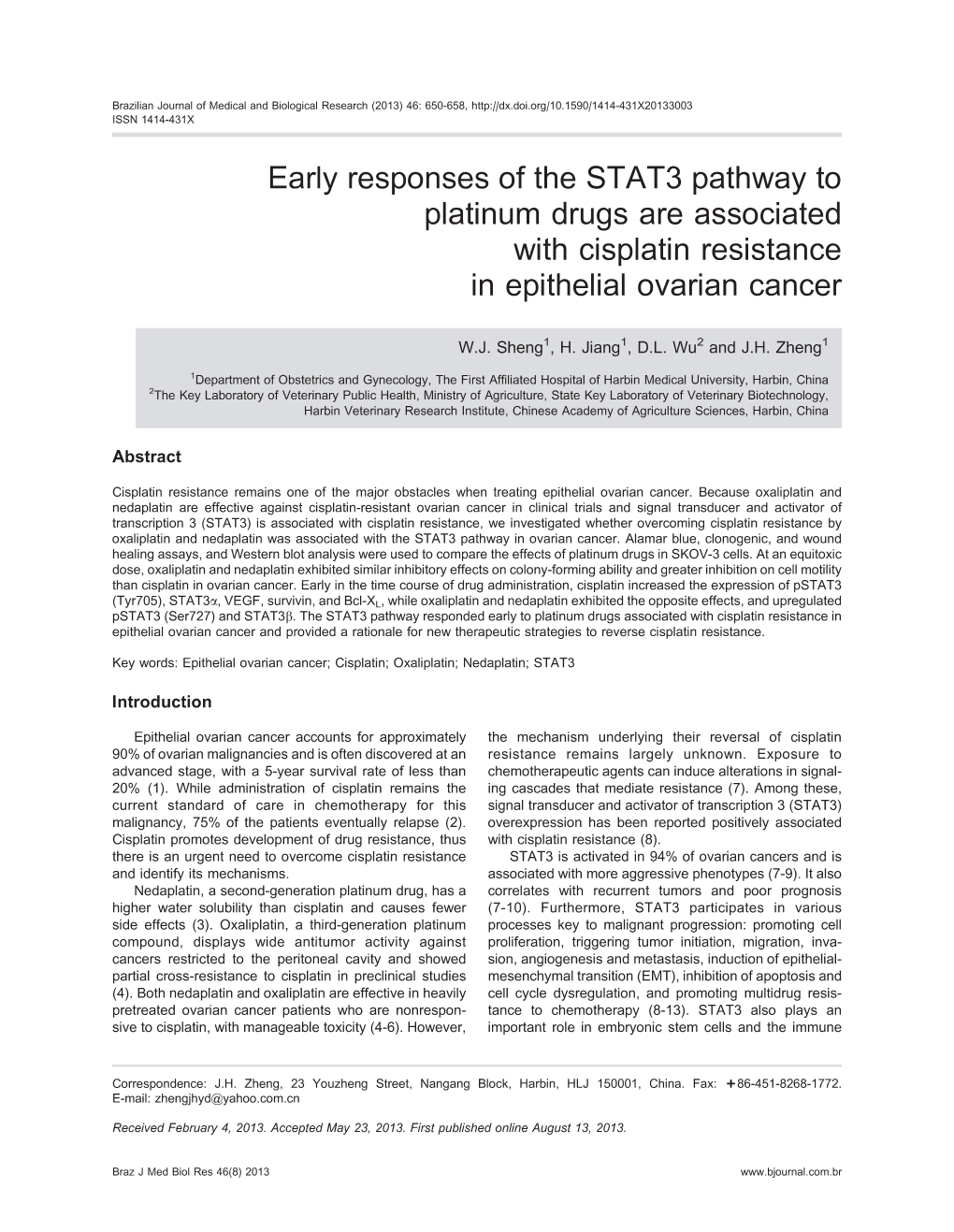 Early Responses of the STAT3 Pathway to Platinum Drugs Are Associated with Cisplatin Resistance in Epithelial Ovarian Cancer