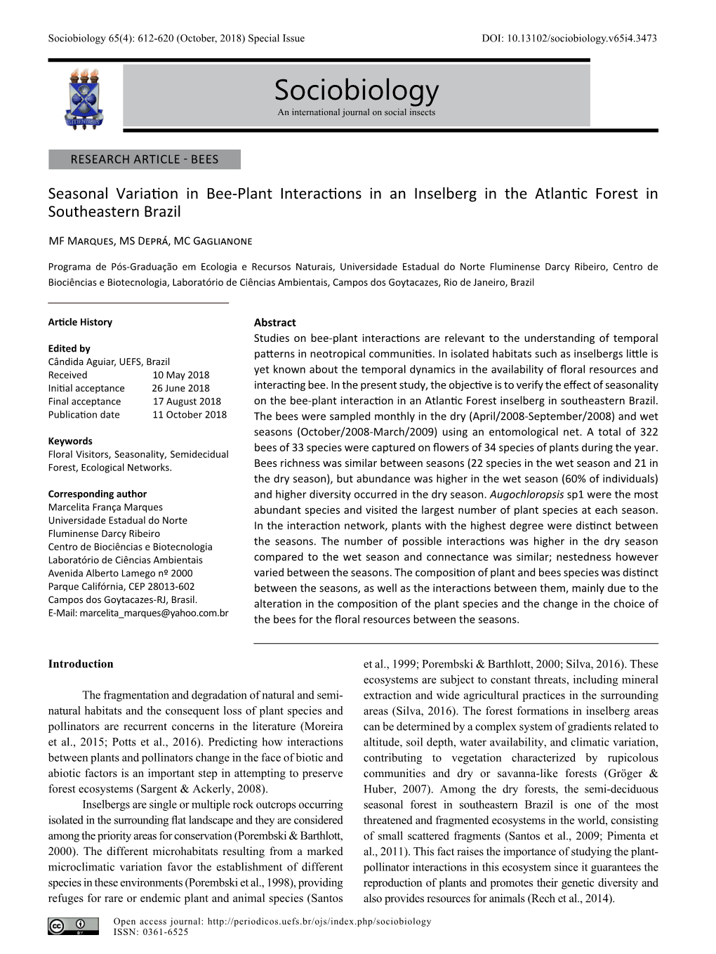 Sociobiology 65(4): 612-620 (October, 2018) Special Issue DOI: 10.13102/Sociobiology.V65i4.3473