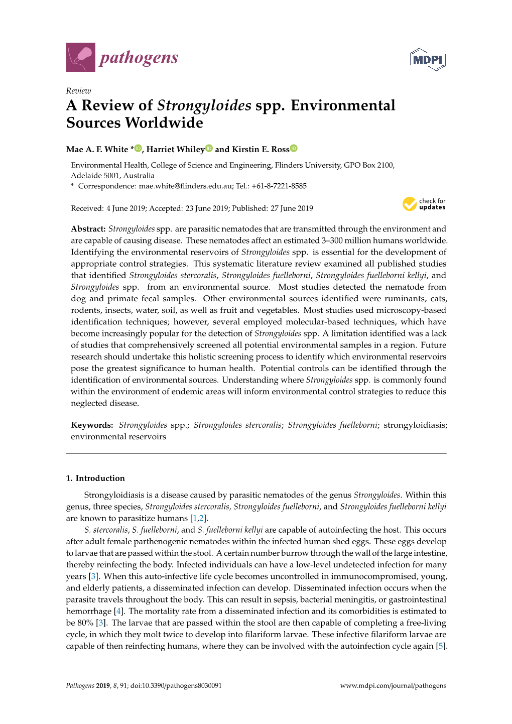 A Review of Strongyloides Spp. Environmental Sources Worldwide