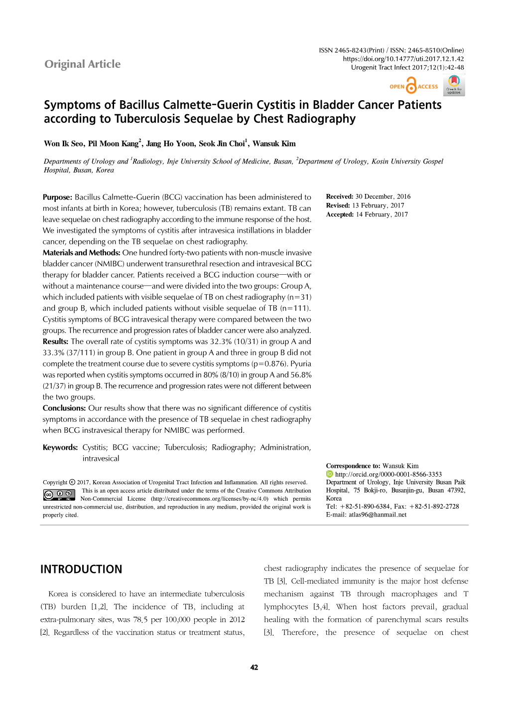 Symptoms of Bacillus Calmette-Guerin Cystitis in Bladder Cancer Patients According to Tuberculosis Sequelae by Chest Radiography