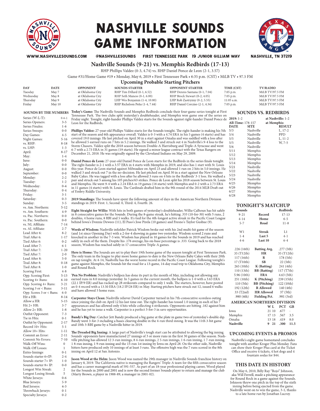 Nashville Sounds Game Information @Nashvillesounds First Tennessee Park 19 Junior Gilliam Way Nashville, TN 37219 Nashville Sounds (9-21) Vs