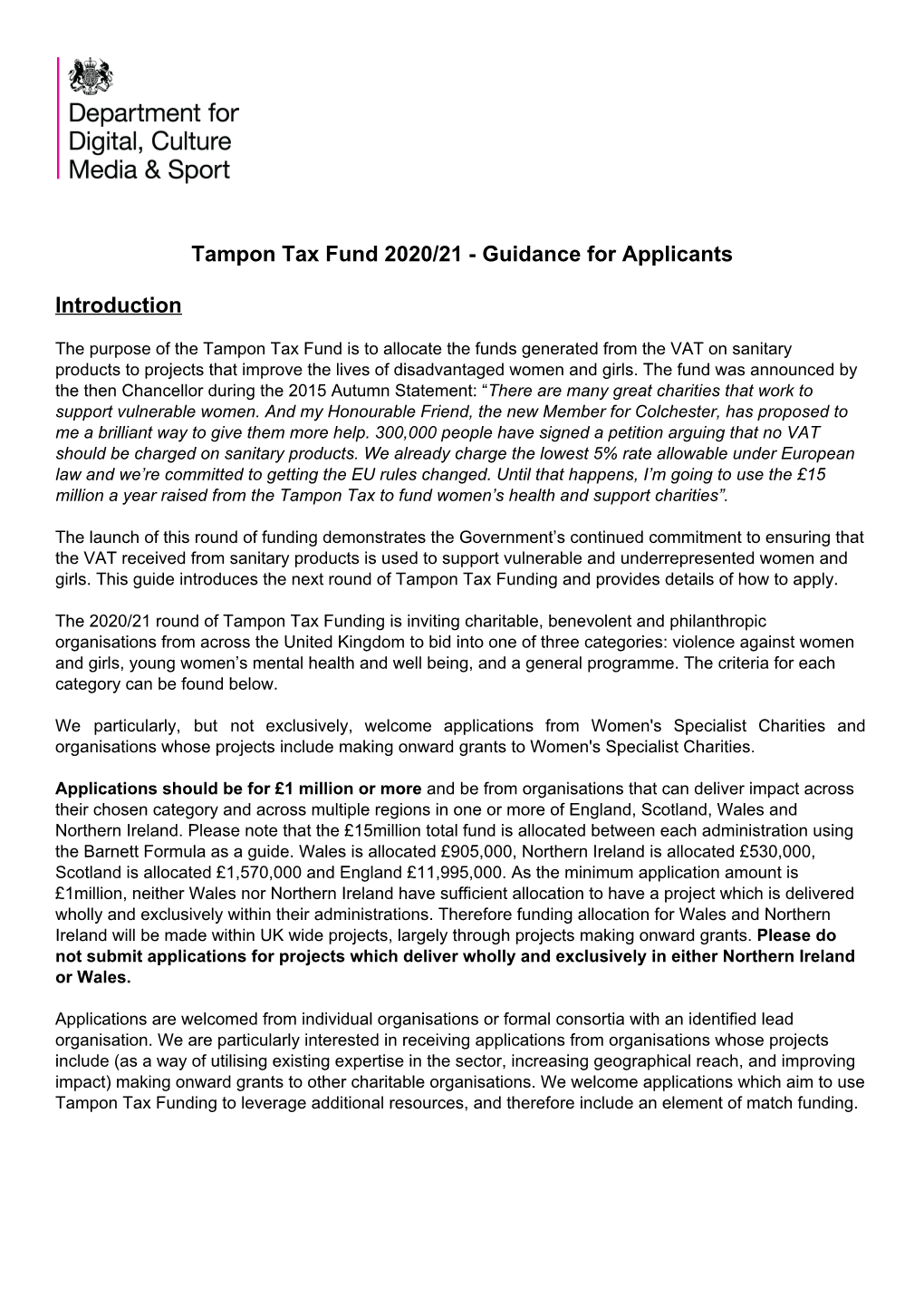 Tampon Tax Fund 2020/21 - Guidance for Applicants