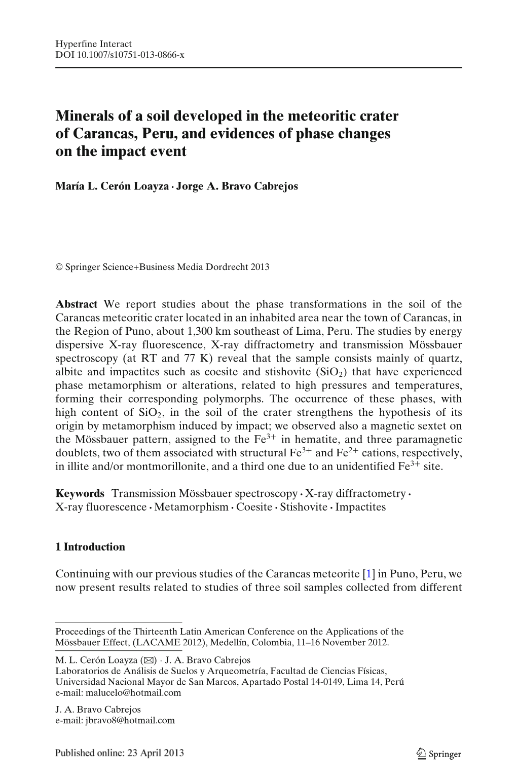 Minerals of a Soil Developed in the Meteoritic Crater of Carancas, Peru, and Evidences of Phase Changes on the Impact Event