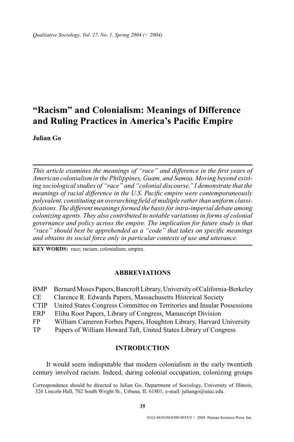 “Racism” and Colonialism: Meanings of Difference and Ruling Practices in America’S Paciﬁc Empire