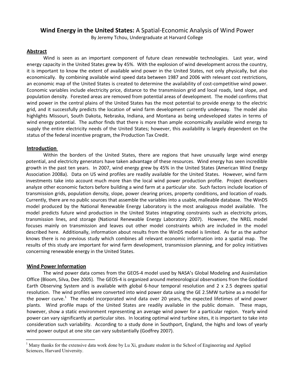 A Spatial-Economic Analysis of Wind Power by Jeremy Tchou, Undergraduate at Harvard College