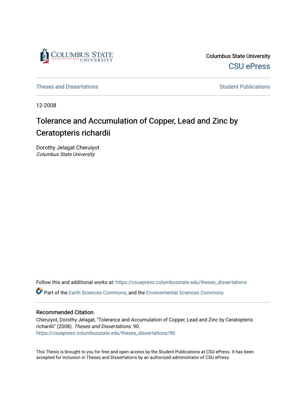Tolerance and Accumulation of Copper, Lead and Zinc by Ceratopteris Richardii