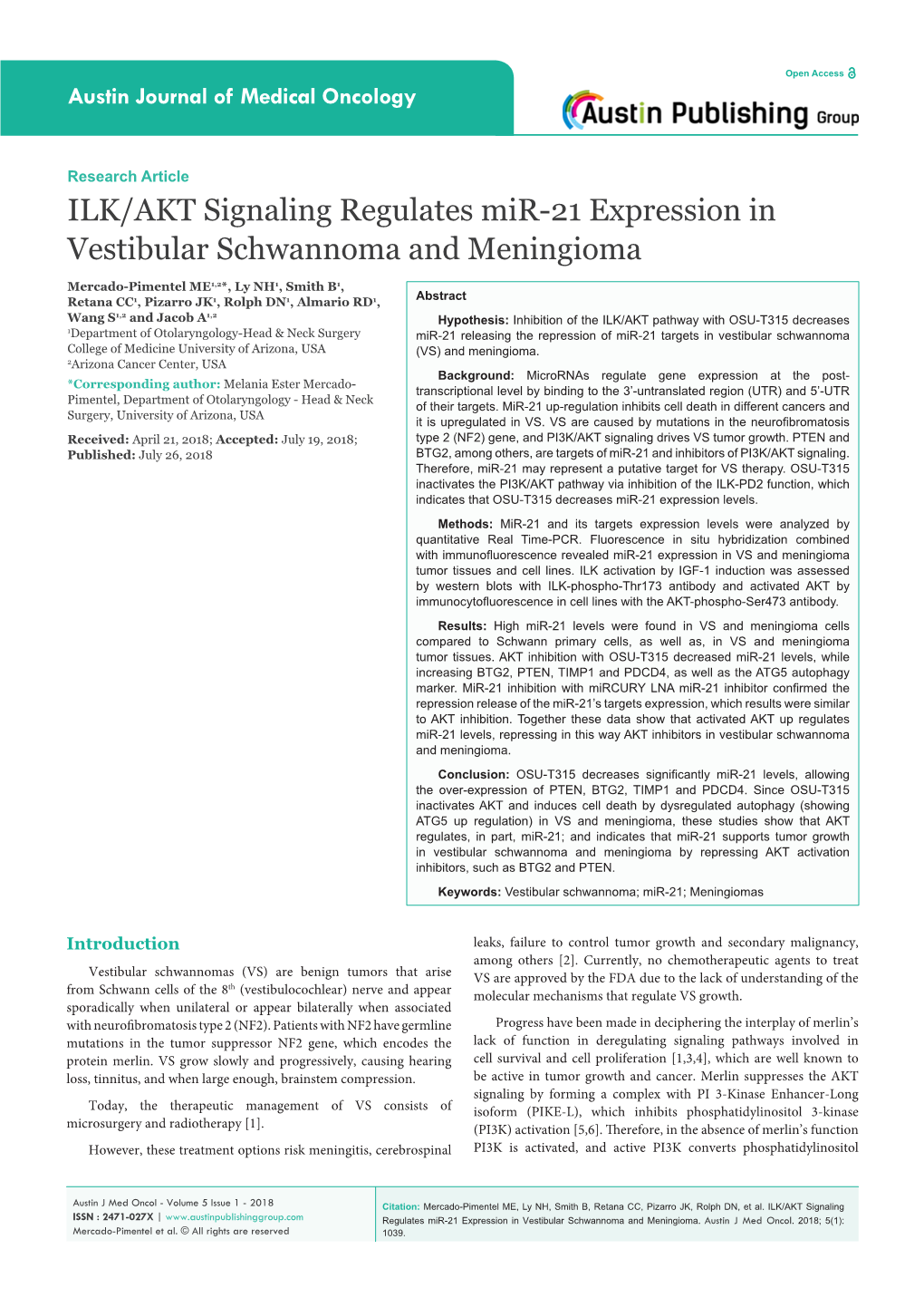 ILK/AKT Signaling Regulates Mir-21 Expression in Vestibular Schwannoma and Meningioma