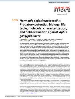 Predatory Potential, Biology, Life Table, Molecular Characterization, and Feld Evaluation Against Aphis Gossypii Glover T