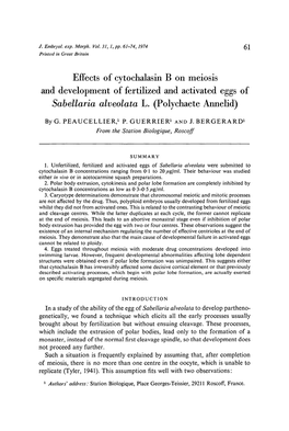 Effects of Cytochalasin B on Meiosis and Development of Fertilized and Activated Eggs of Sabellaria Alveolata L