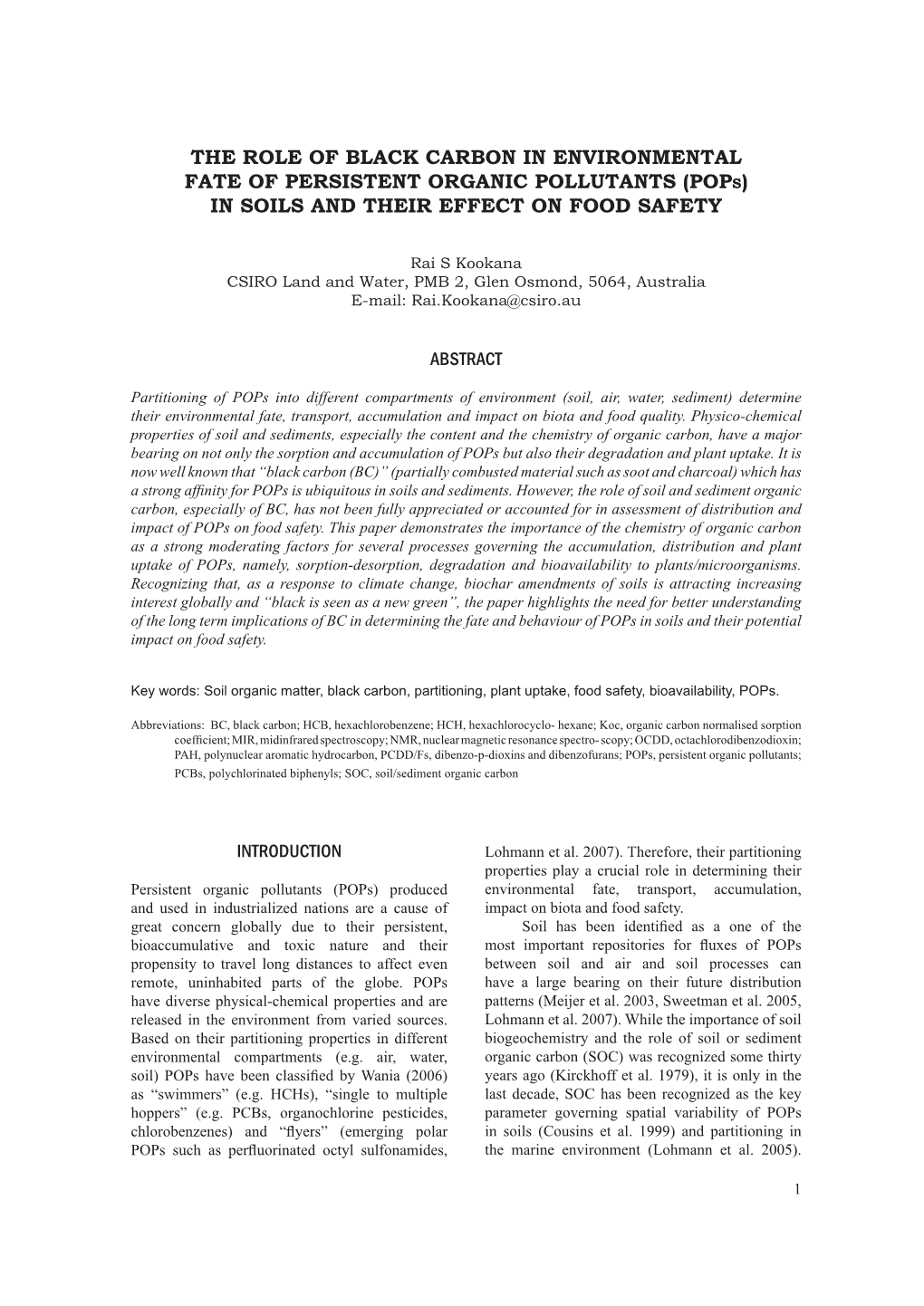 The Role of Black Carbon in Environmental Fate of Persistent Organic Pollutants (Pops) in Soils and Their Effect on Food Safety