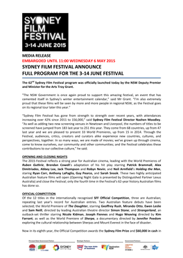 Sydney Film Festival Announces the 2015 Full Program 06/05/2015