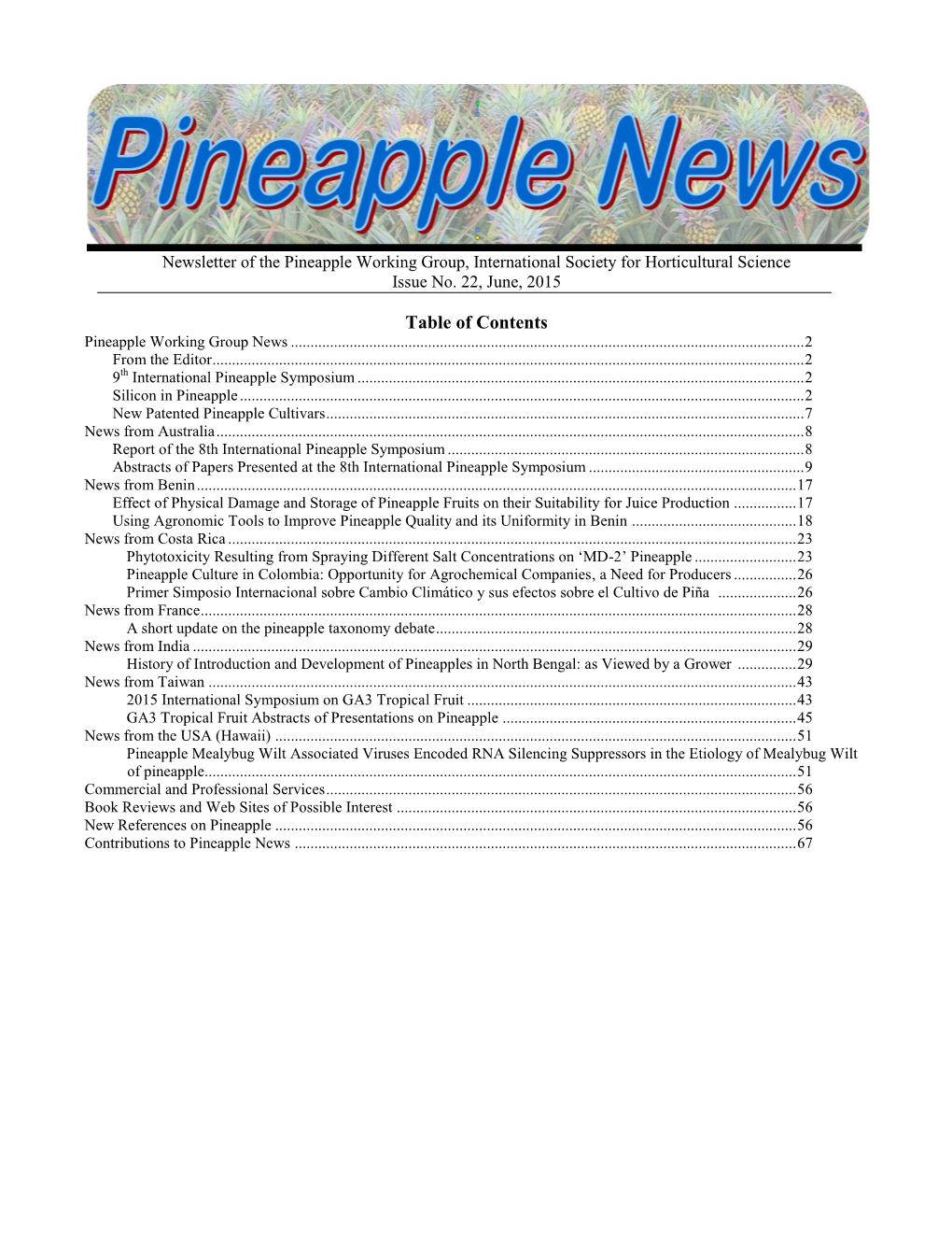 Table of Contents Pineapple Working Group News