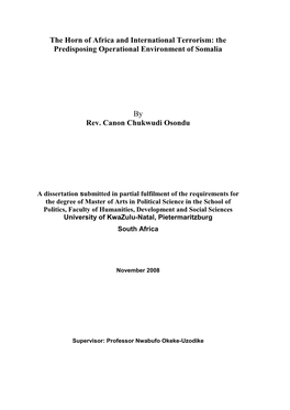 The Horn of Africa and International Terrorism: the Predisposing Operational Environment of Somalia