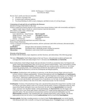 GEOL 104 Dinosaurs: a Natural History Test II Review Sheet