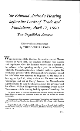 Sir Edmund Andros's Hearing Before the Lords of Trade and Plantations, April 17,1690 Two Unpublished Accounts