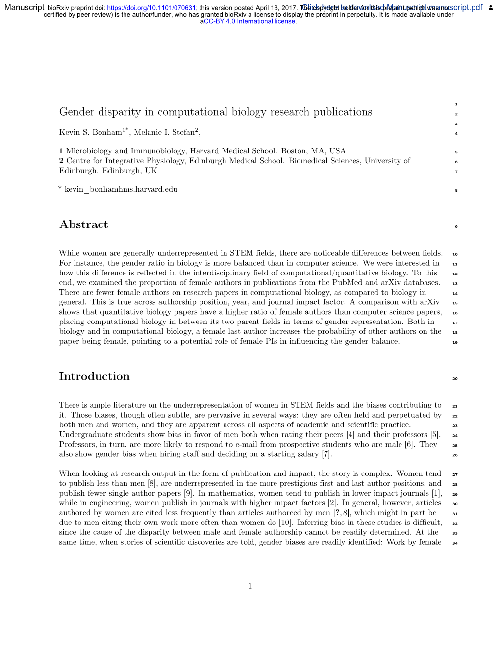 Gender Disparity in Computational Biology Research Publications 2