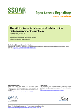 The Vilnius Issue in International Relations: the Historiography of the Problem Mankevich, Maria A