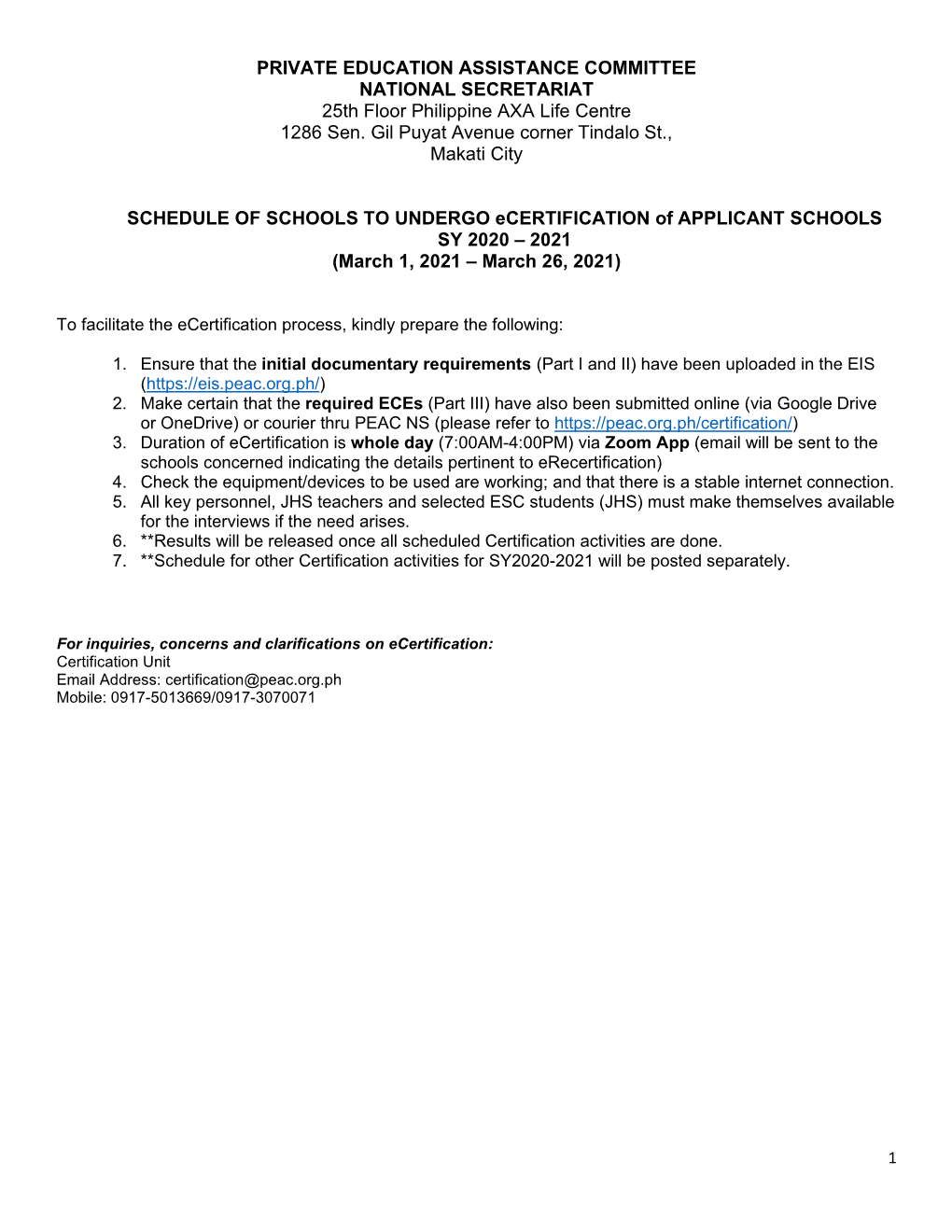 PRIVATE EDUCATION ASSISTANCE COMMITTEE NATIONAL SECRETARIAT 25Th Floor Philippine AXA Life Centre 1286 Sen