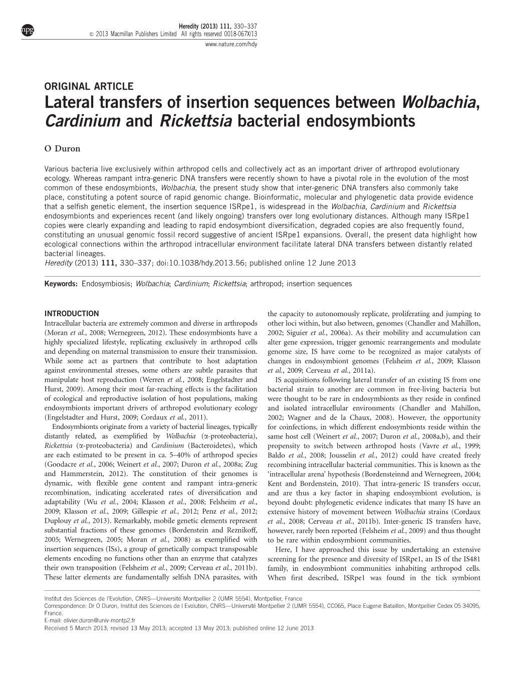 Lateral Transfers of Insertion Sequences Between Wolbachia, Cardinium and Rickettsia Bacterial Endosymbionts