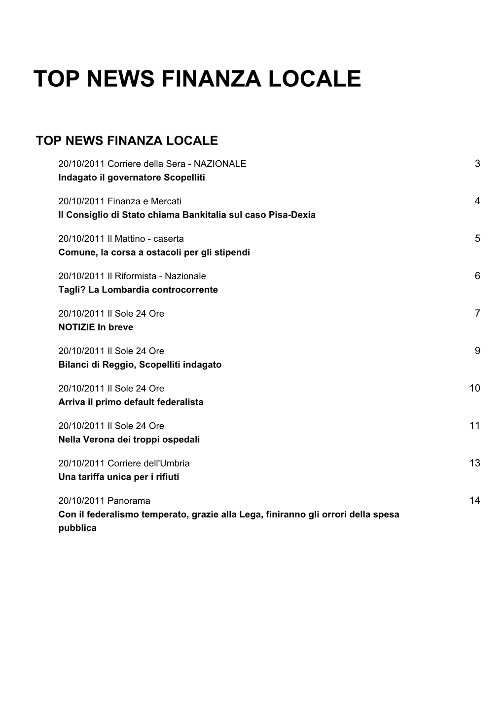 Top News Finanza Locale