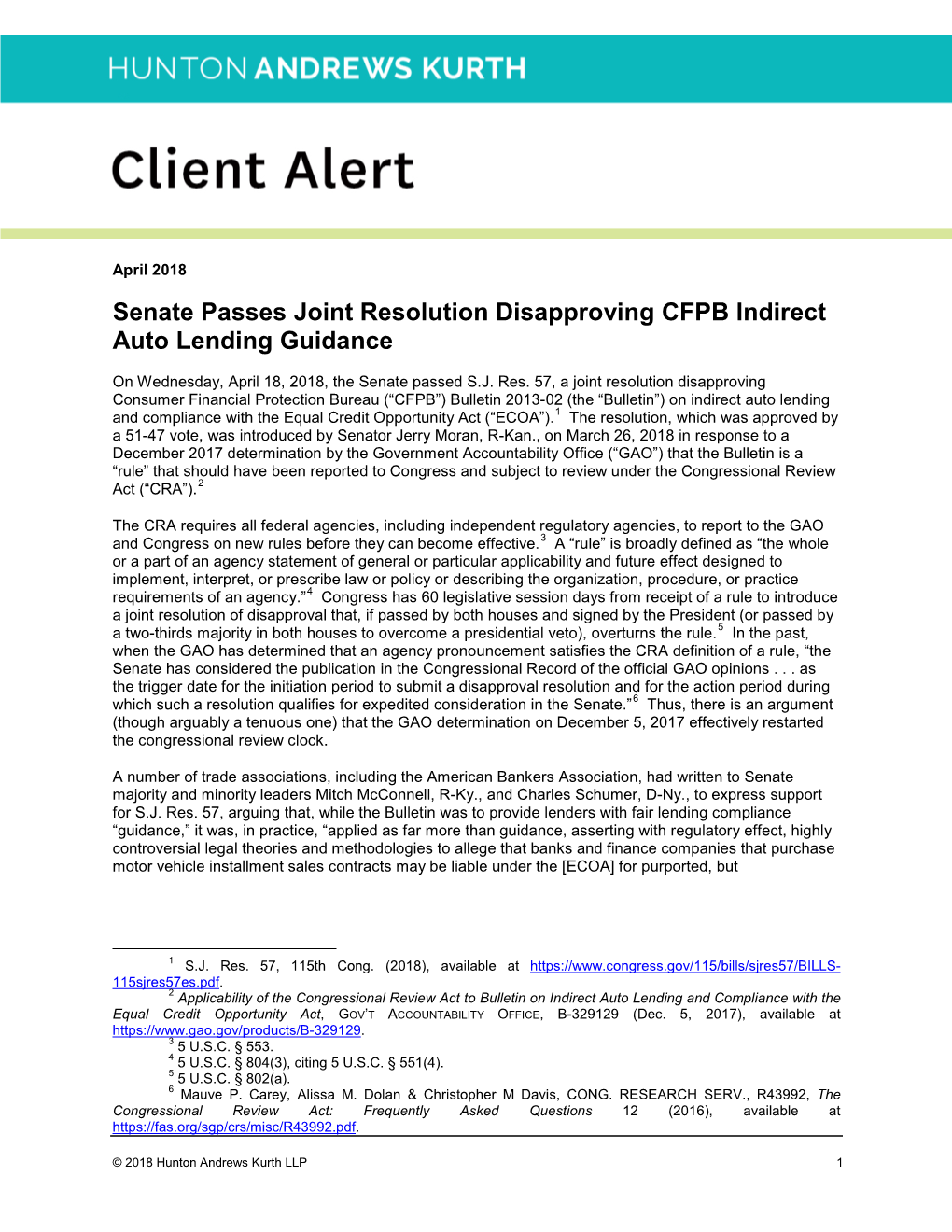 Senate Passes Joint Resolution Disapproving CFPB Indirect Auto Lending Guidance