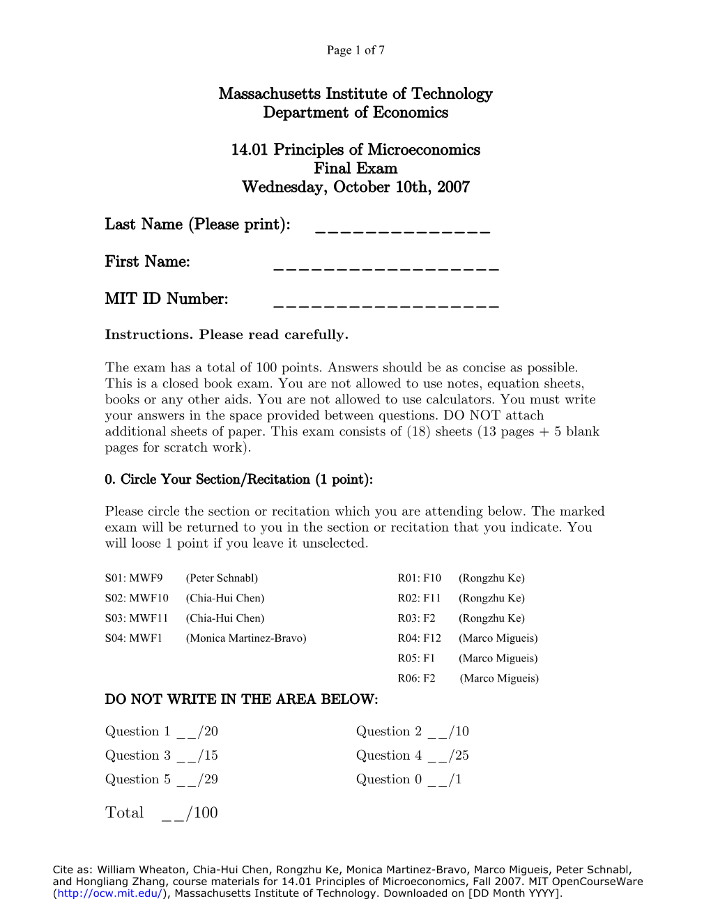 Massachusetts Institute of Technology Department of Economics 14.01