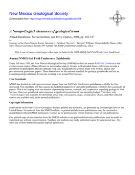 A Navajo-English Thesaurus of Geological Terms Alfred Blackhorse, Steven Semken, and Perry Charley, 2003, Pp