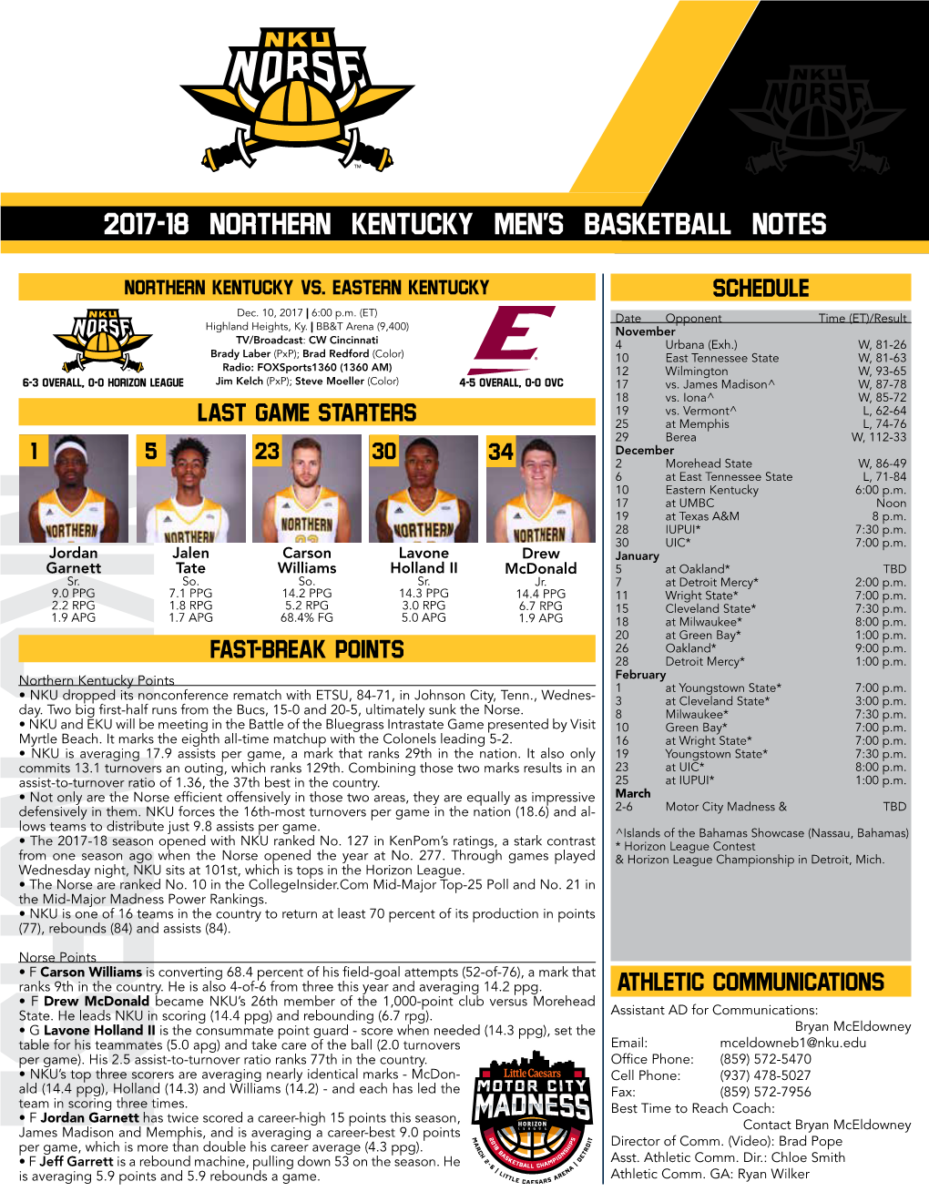 2017-18 Northern Kentucky Men's Basketball Notes