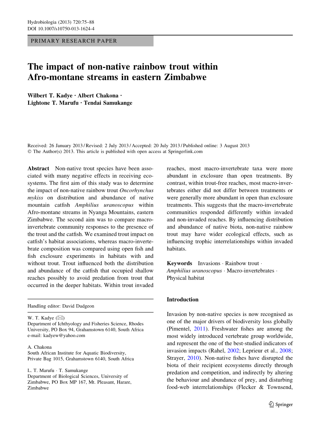 The Impact of Non-Native Rainbow Trout Within Afro-Montane Streams in Eastern Zimbabwe