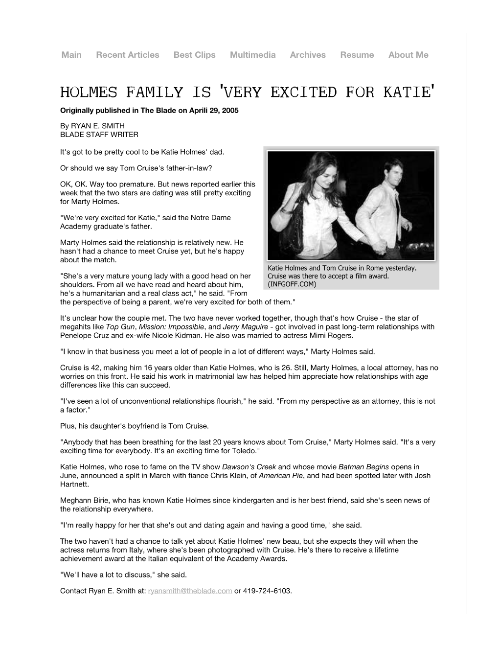 HOLMES FAMILY IS 'VERY EXCITED for KATIE' Originally Published in the Blade on Aprili 29, 2005