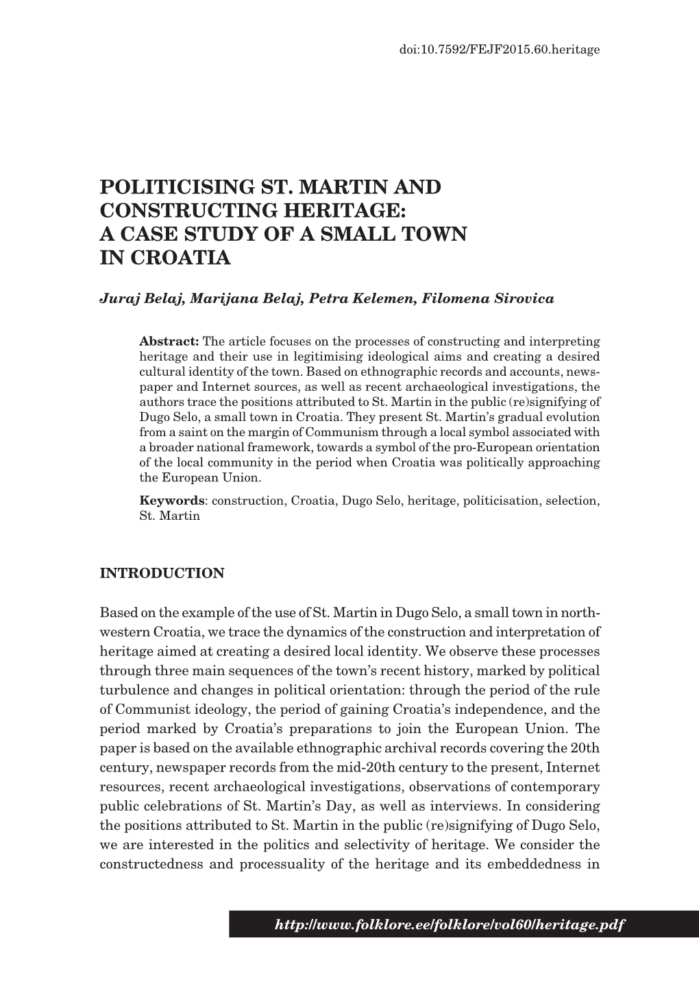 Politicising St. Martin and Constructing Heritage: a Case Study of a Small Town in Croatia