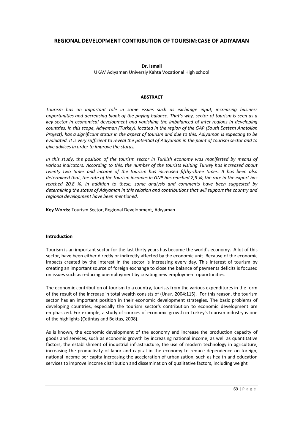 Regional Development Contribution of Toursim:Case of Adiyaman