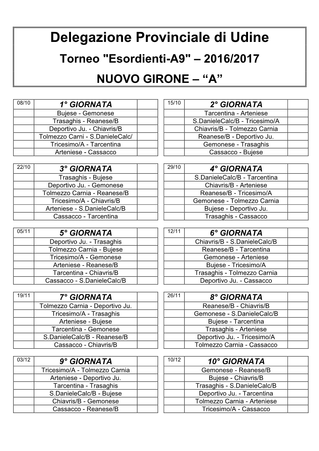 Delegazione Provinciale Di Udine Torneo "Esordienti-A9" – 2016/2017 NUOVO GIRONE – “A”