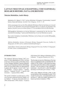 Latvian Molytinae (Coleoptera, Curculionidae): Research History, Fauna and Bionomy