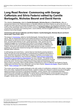 Long Read Review: Commoning with George Caffentzis and Silvia Federici Edited by Camille Barbagallo, Nicholas Beuret and David Page 1 of 7 Harvie