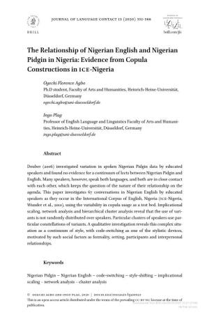 The Relationship of Nigerian English and Nigerian Pidgin in Nigeria: Evidence from Copula Constructions in Ice-Nigeria