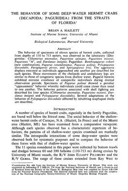 The Behavior of Some Deep-Water Hermit Crabs (Decapoda: Paguridea) from the Straits of Florida!