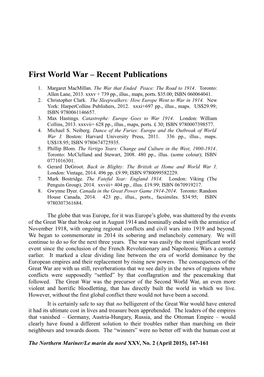 First World War – Recent Publications